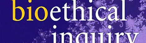 Close-up of the cover of the Journal of Bioethical Inquiry, with the words "bioethical inquiry" in front of a fractal (in purple).