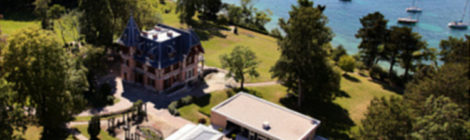 Aerial view of the Brocher Foundation on the shores of Lake Geneva.